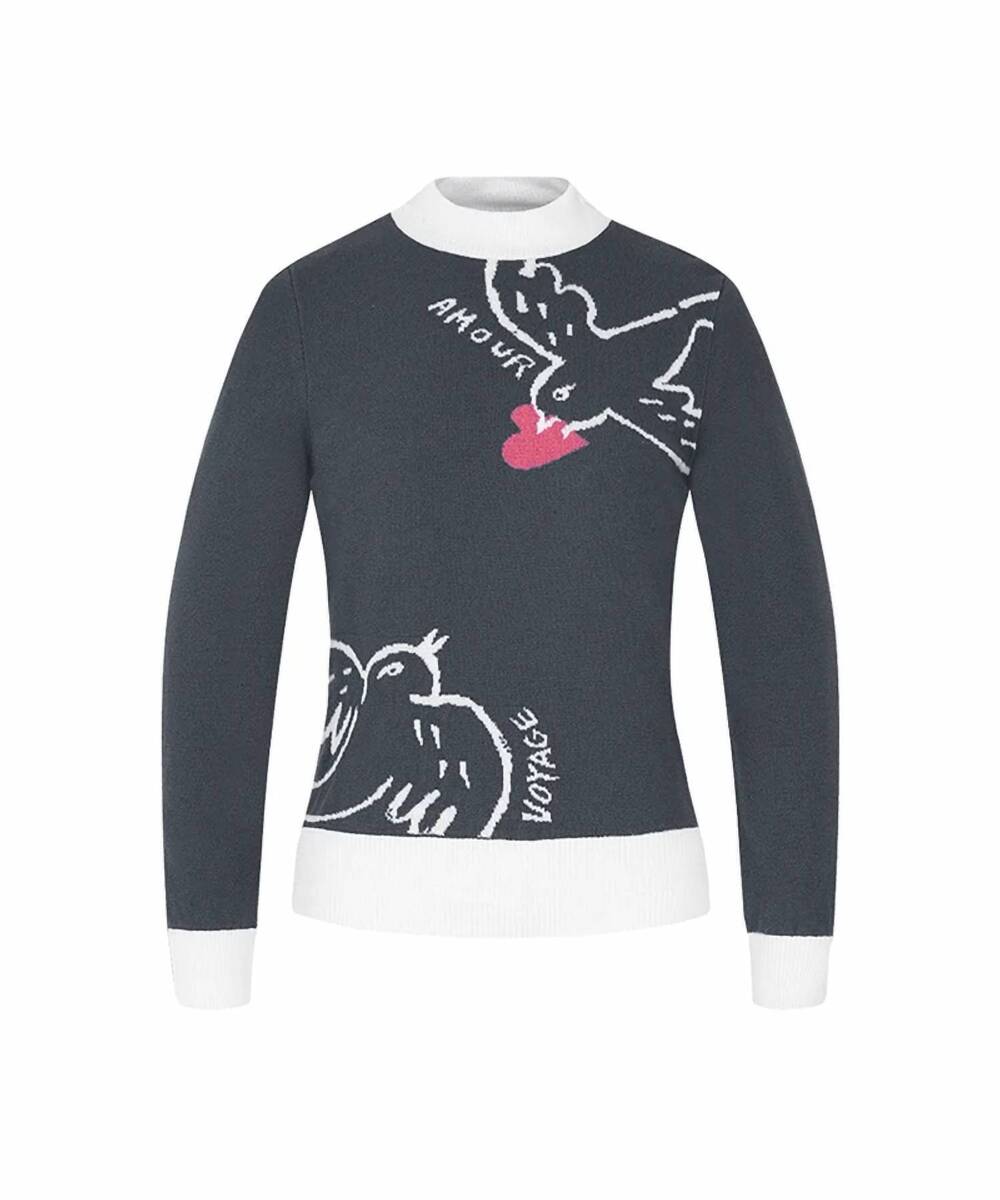 NEW CASTELBAJAC women's artwork jacquard point polar knit top in grey